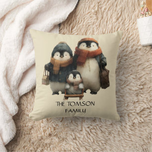 Winter Penguin Family Personalized Design Cushion