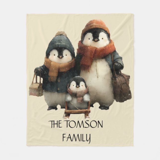 Winter Penguin Family Personalized Design Fleece Blanket (Front)
