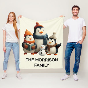 Winter Penguin Family with Snowman Fleece Blanket