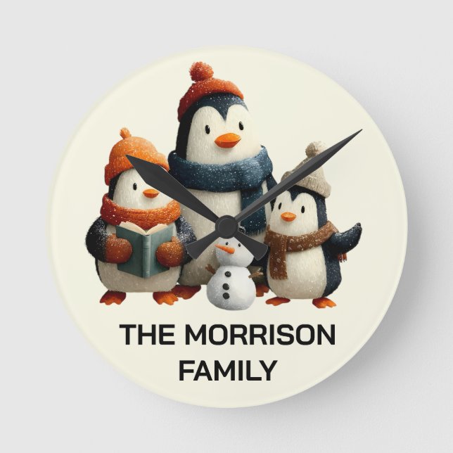 Winter Penguin Family with Snowman Round Clock (Front)