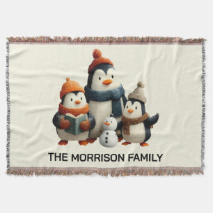 Winter Penguin Family with Snowman Throw Blanket