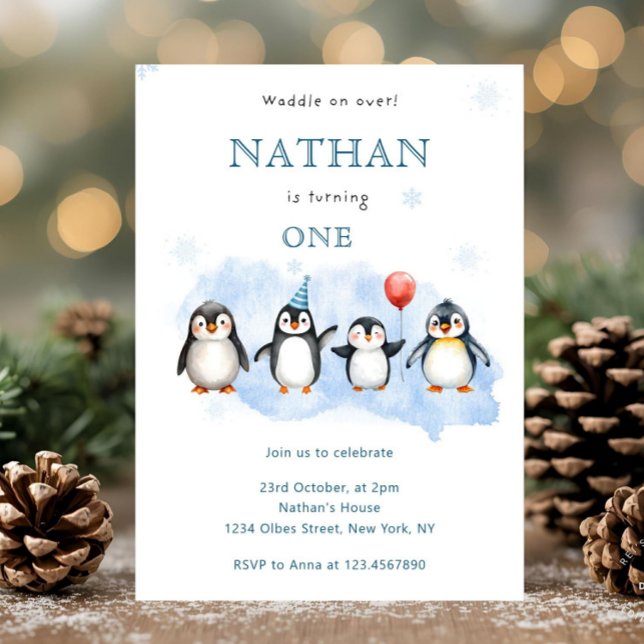 Winter Penguin First Birthday Invitation (penguin birthday invitation,
penguin first birthday,
winter birthday invite,
arctic animal birthday,)