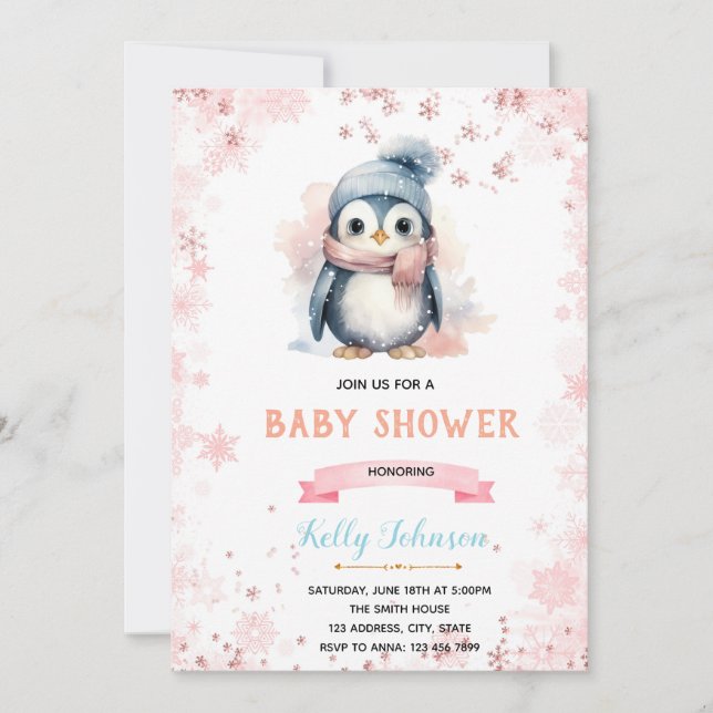 Winter penguin girl shower birthday invitation (Front)