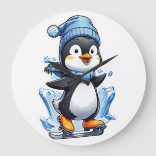 Winter Penguin Ice Staking Large Clock