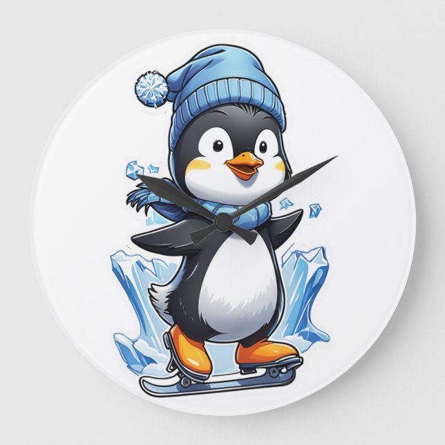 Winter Penguin Ice Staking Large Clock (Front)