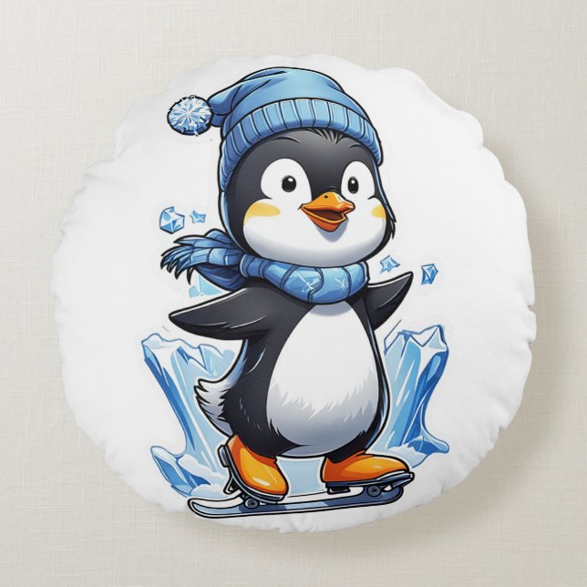 Winter Penguin Ice Staking Round Cushion (Front)