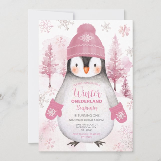 Winter Penguin knitted Hat Snowflakes Birthday Invitation (Front)