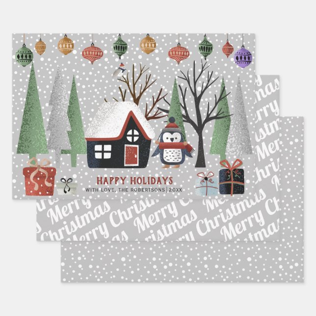 Winter penguin, Merry Christmas and snowflakes Wrapping Paper Sheet (Set)