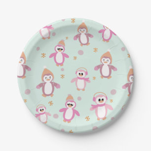 Winter penguin mint and pink holiday paper plate