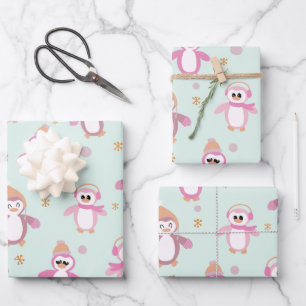 Winter penguin mint and pink holiday wrapping paper sheet