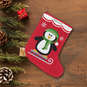 Winter Penguin on Sled Large Christmas Stocking