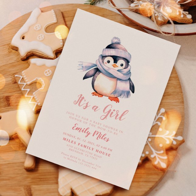 Winter Penguin pink Baby Shower Invitation (Creator Uploaded)