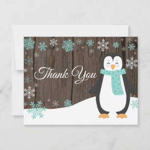 Winter Penguin Snowflake Aqua Thank You Card