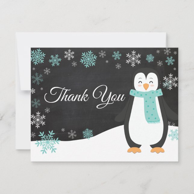 Winter Penguin Snowflake Aqua Thank You Card (Front)