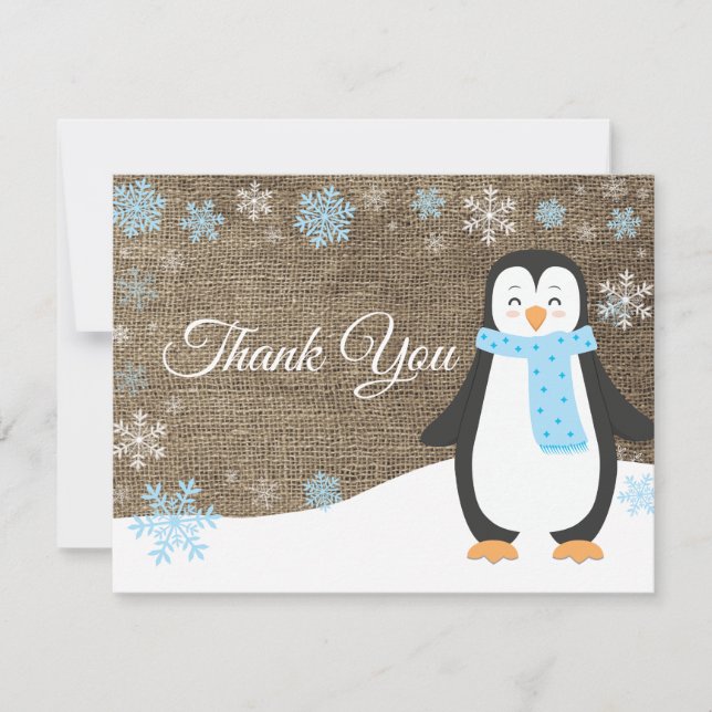 Winter Penguin Snowflake Blue Thank You Card (Front)