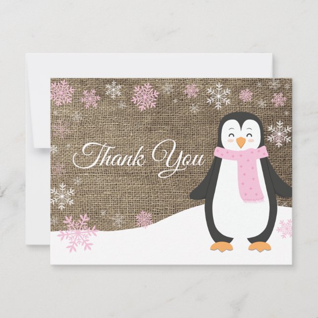 Winter Penguin Snowflake Pink Thank You Card (Front)