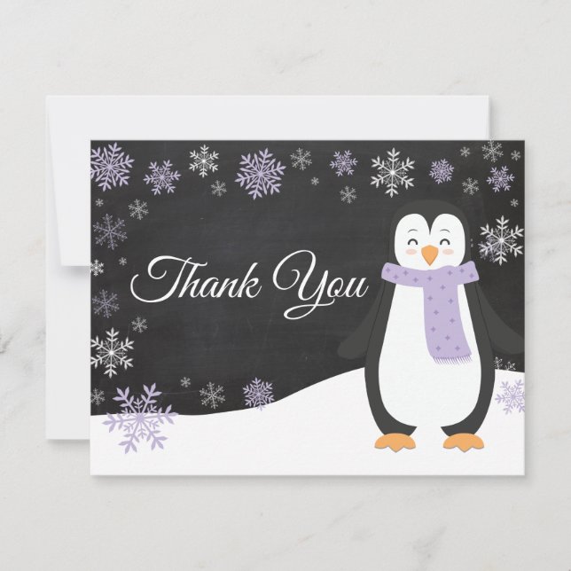 Winter Penguin Snowflake Purple Thank You Card (Front)