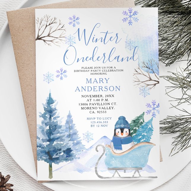 Winter Penguin Snowflakes Onederland 1st Birthday Invitation (Creator Uploaded)