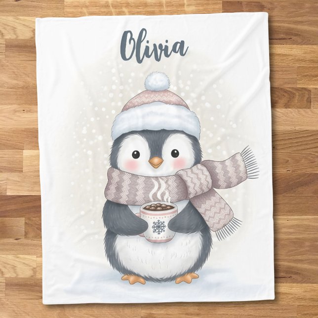 Winter Penguin with Cocoa Mug "Snow Cute!" Fleece Blanket (Creator Uploaded)