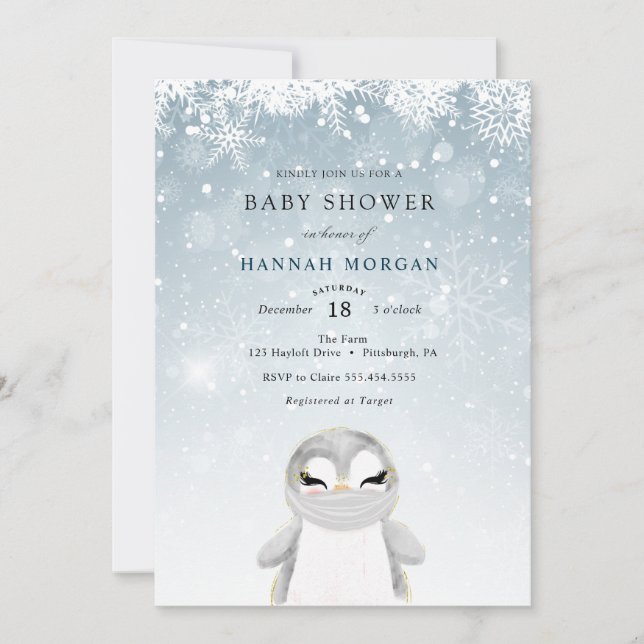 Winter Penguin with Mask Baby Shower invitation (Front)