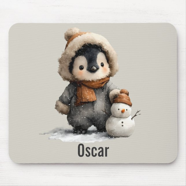 Winter Penguin with Snowman Design Mouse Pad (Front)