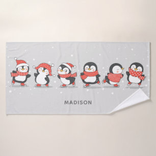Winter Penguins custom name Bath Towel