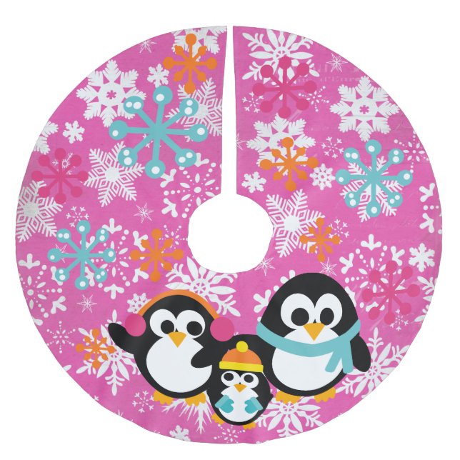 Winter Penguins Hot Pink Tree Skirt (Front)