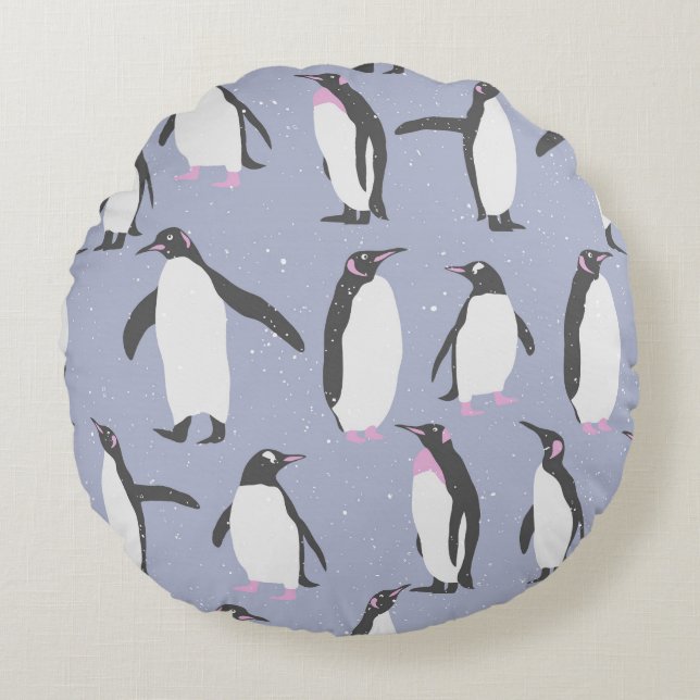 Winter Penguins seamless pattern + your ideas Round Cushion (Front)
