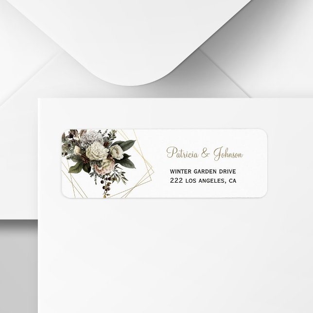 Winter peonies gold modern wedding return address (Creator Uploaded)