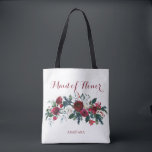 Winter peonies watercolor bouquet maid of honour tote bag<br><div class="desc">Rustic elegant winter / Christmas wedding stylish bridesmaid / maid of honour / flower girl tote bag featuring a bunch of red burgundy and white peony flowers with seasonal pine green fir branches, red berries and foliage on white background. Personalise it with your maid of honour's name on front and...</div>
