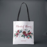 Winter peonies watercolor bouquet maid of honour tote bag<br><div class="desc">Rustic elegant winter / Christmas wedding stylish bridesmaid / maid of honour / flower girl tote bag featuring a bunch of red burgundy and white peony flowers with seasonal pine green fir branches, red berries and foliage on white background. Personalise it with your maid of honour's name on front and...</div>