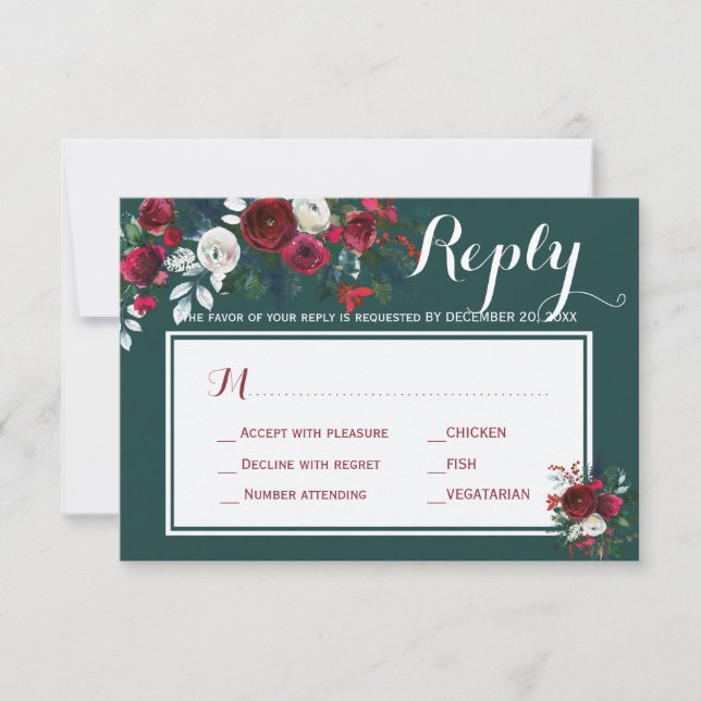 Winter peonies wedding response meal choice RSVP (Front)