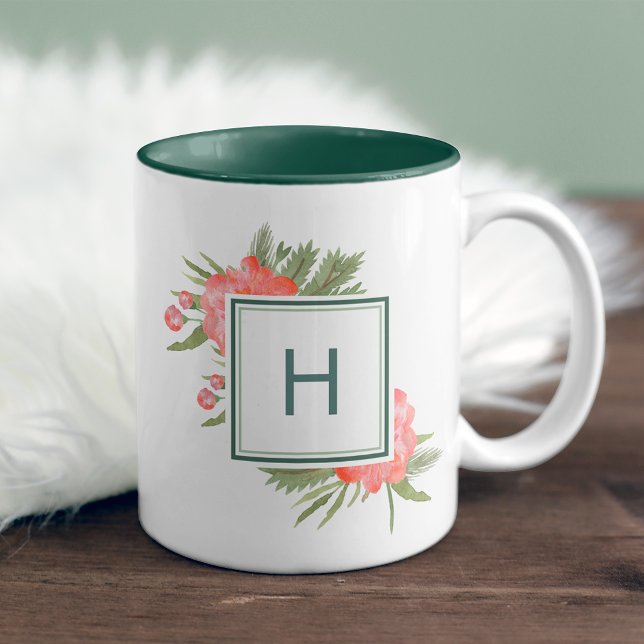 Winter Peony Monogram Two-Tone Coffee Mug (Creator Uploaded)