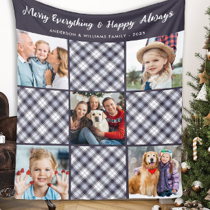 Winter Personalised Blue Grey Plaid Photo Collage Fleece Blanket