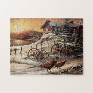 Winter Pheasant Sunset Lake Cottage Wild Game Bird Jigsaw Puzzle
