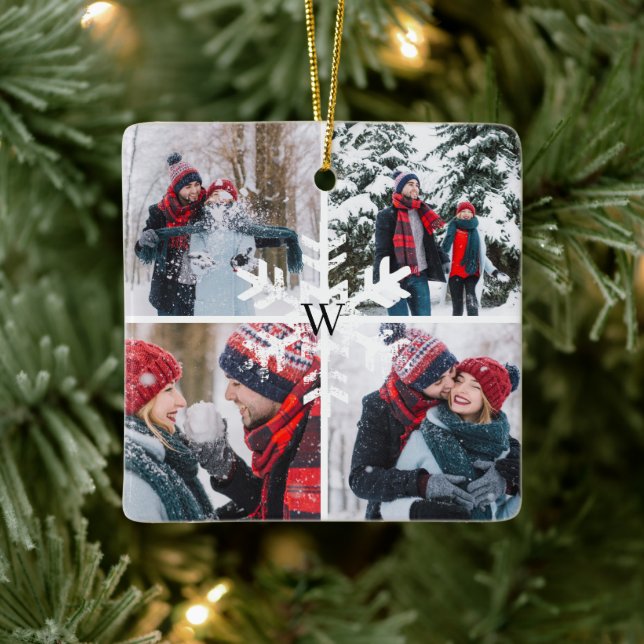 Winter Photo Collage Keepsake Monogram Christmas Ceramic Ornament (Tree)