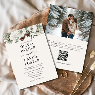 Winter Photo QR Code Elegant Evergreen Wedding Invitation