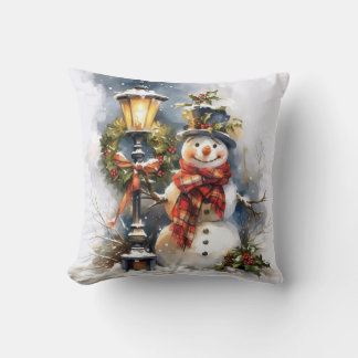  Winter Pillow – Snowman & Streetlamp Scene