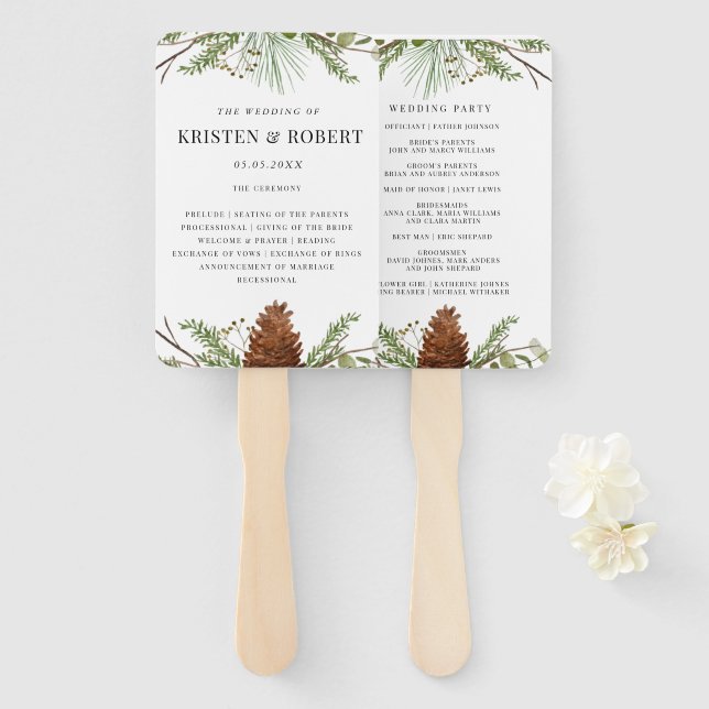 Winter Pin Forest Greenery Wedding Program Hand Fan (Front and Back)