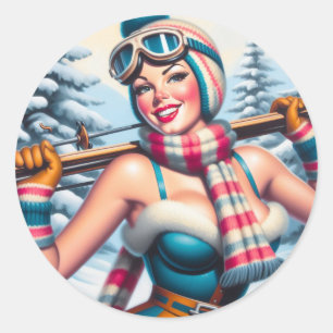 Winter Pin-up Girl Classic Round Sticker