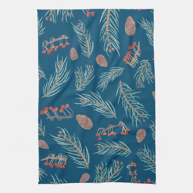 Winter Pine and Berries Watercolor Pattern Tea Towel (Vertical)