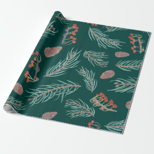Winter Pine & Berries Watercolor Pattern Wrapping Paper