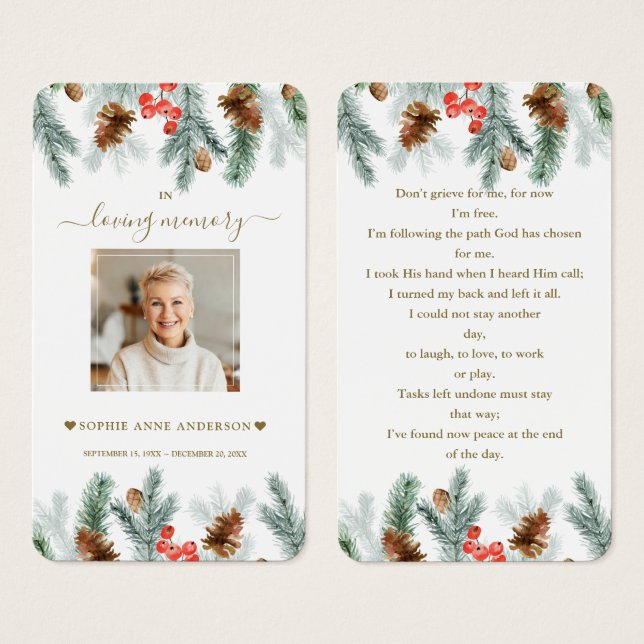 Winter Pine Berry Cone Border Photo Funeral Prayer (Front & Back)