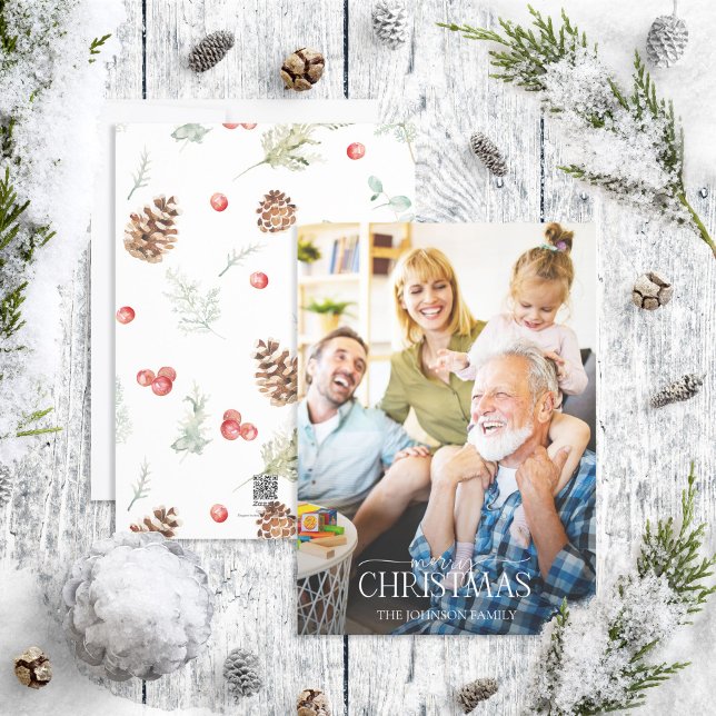 Winter Pine Berry Merry Christmas Script Photo Hol Holiday Card (Creator Uploaded)