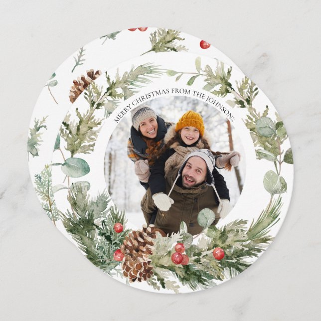 Winter Pine Berry Wreath Round Photo Holiday Card (Front/Back)