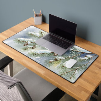 Winter Pine Branch Watercolor Snow Scene Desk Mat