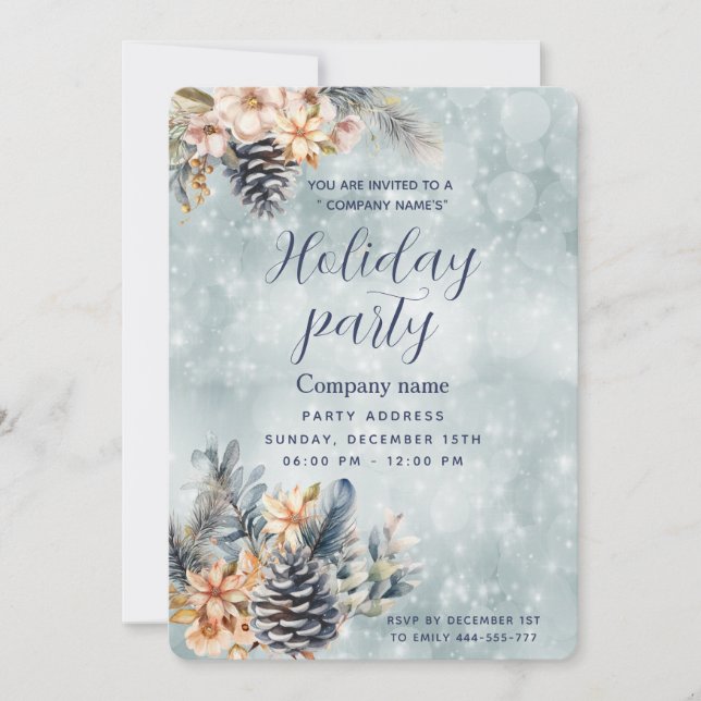 Winter Pine cone floral holiday party corporate Invitation (Front)