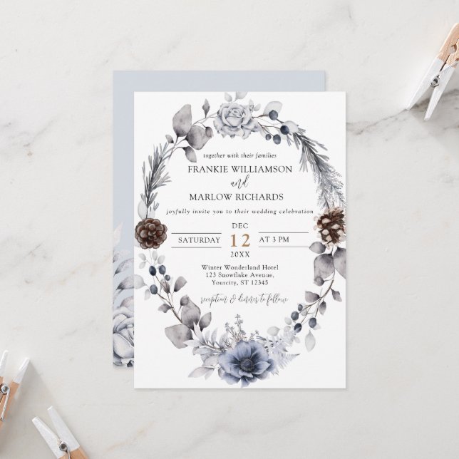 Winter Pine Cone Floral Wreath Boho Wedding Invita Invitation (Front/Back In Situ)
