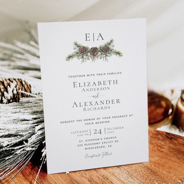 Winter Pine Cone Greenery Monogram Wedding Invitation (Creator Uploaded)