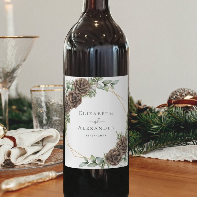 Winter Pine Cone Greenery Watercolor Wedding Wine Label (Creator Uploaded)